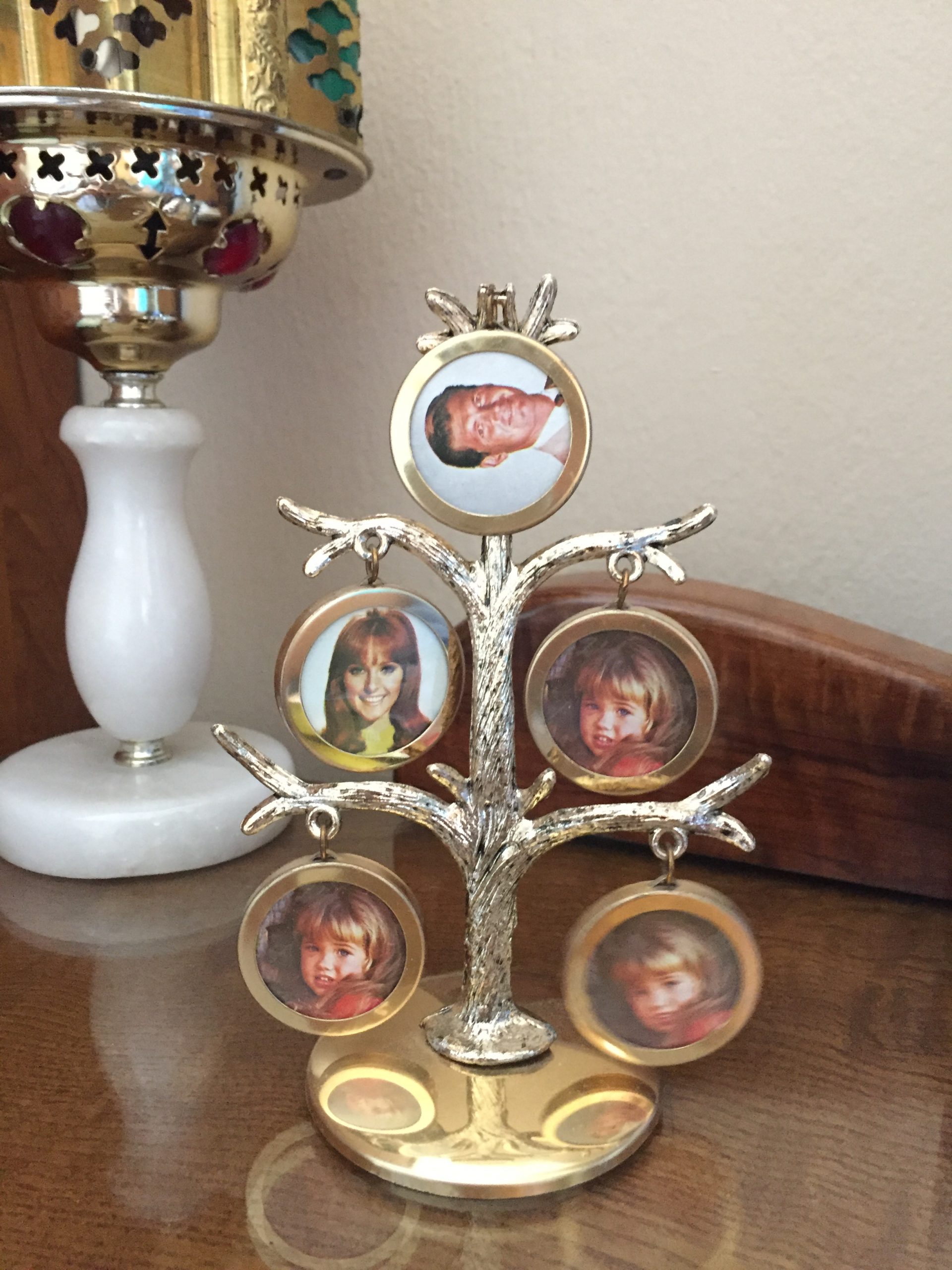 A tree like picture frame, pictures of people hanging on different arms of the tree.