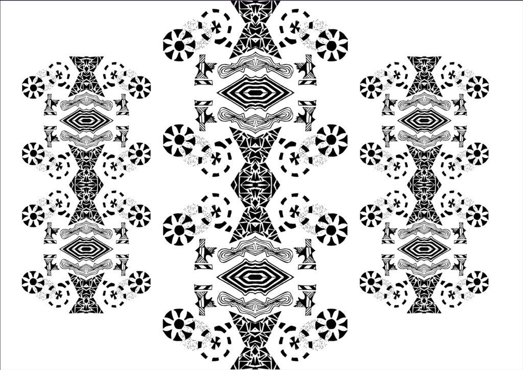 On a A3 sized paper a pattern created from multiple units that consist of circular, triangular shapes.